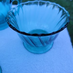 Jeanette Glass Ultramarine sherbert dessert bowls and creamer glow