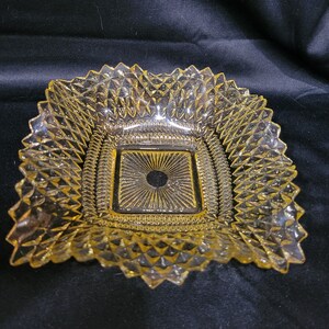 Square Indiana Glass Company Diamond Point pattern candy dish bowl plate with ruffled edge amber yellow