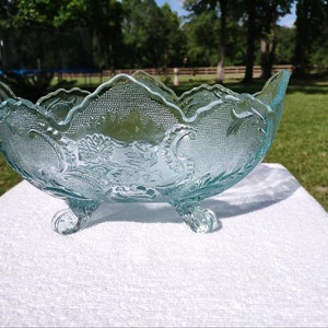 Jeannette Lombardi Ice Blue Floral Glass Footed Oval Fruit Bowl