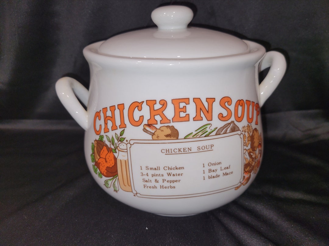 Chicken Soup Tureen Pot With Handles and Lid With Recipe Porcelain