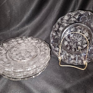 Set of 7 Fostoria Chintz pattern salad plates with beautiful cut rose and vine design