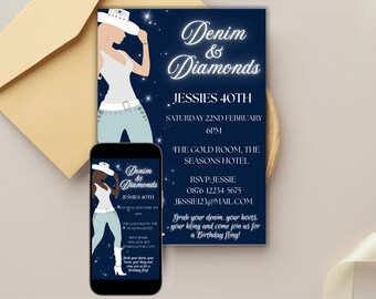 Denim & Diamonds Birthday Invitation: Western Glam Party (Digital Template)