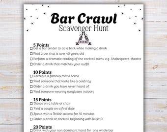 Bar Crawl Scavenger Hunt - Printable game for birthday bar crawl, ladies night or bachelorettes - Pub Crawl Scavenger Hunt for adults
