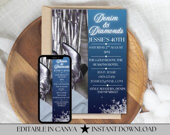 Denim & Diamonds Birthday Invitation: Western Glam Party, Editable Canva Template