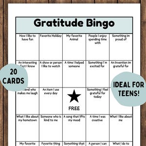 Gratitude Bingo Game: Mindful Activity for Teens or Tweens - Thanksgiving (Printable & Editable)