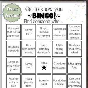Teen Get to know you Bingo - fun icebreaker game for school, youth groups, teen/tween party - Team building - High School Bingo printable