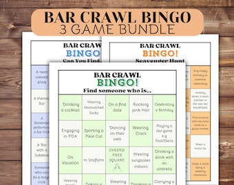 Bar Crawl Bingo Card Bundle - Scavenger Hunt & Find Someone Who - for night out, bachelorette,  21st 30th 40th birthday - Printable Pub Game