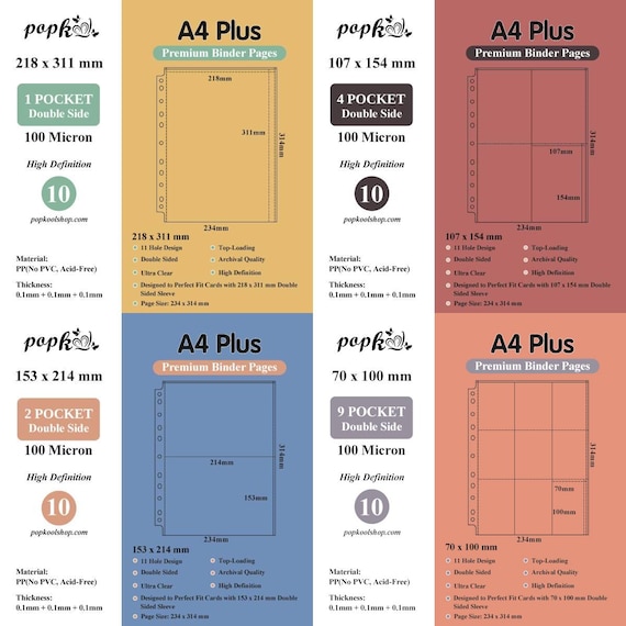 A4 Plus Size Premium Binder Pages | 1/2/4/9 Pockets | 10 Double-sided Pages Each | Kpop Photocard Binder Refills | Crystal Binder Pages