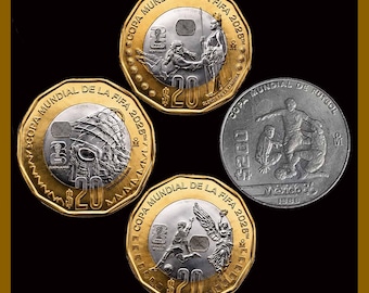 4 Coin Set, Mexico 20 + 200 Pesos 1986-2026, 40 Year FIFA World Cup Mundial