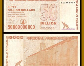 Zimbabwe 50 Billion Dollars Special Agro Cheque, 2008 Used Circulated (Cir) COA