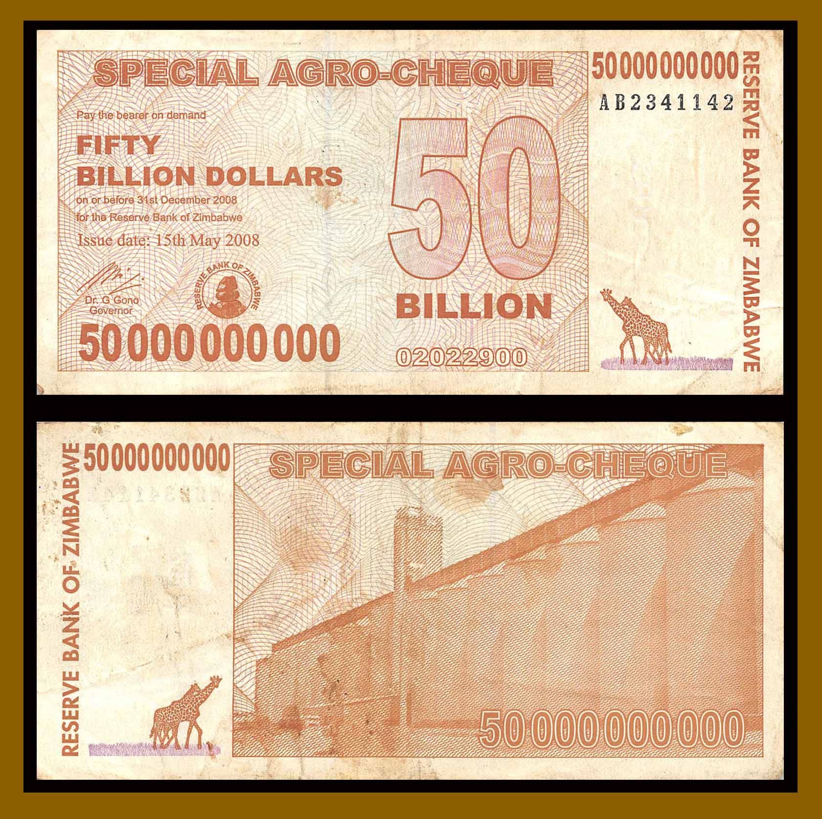 Zimbabwe 50 Billion Dollars Special Agro Cheque X 50 Pcs Bundle, 2008