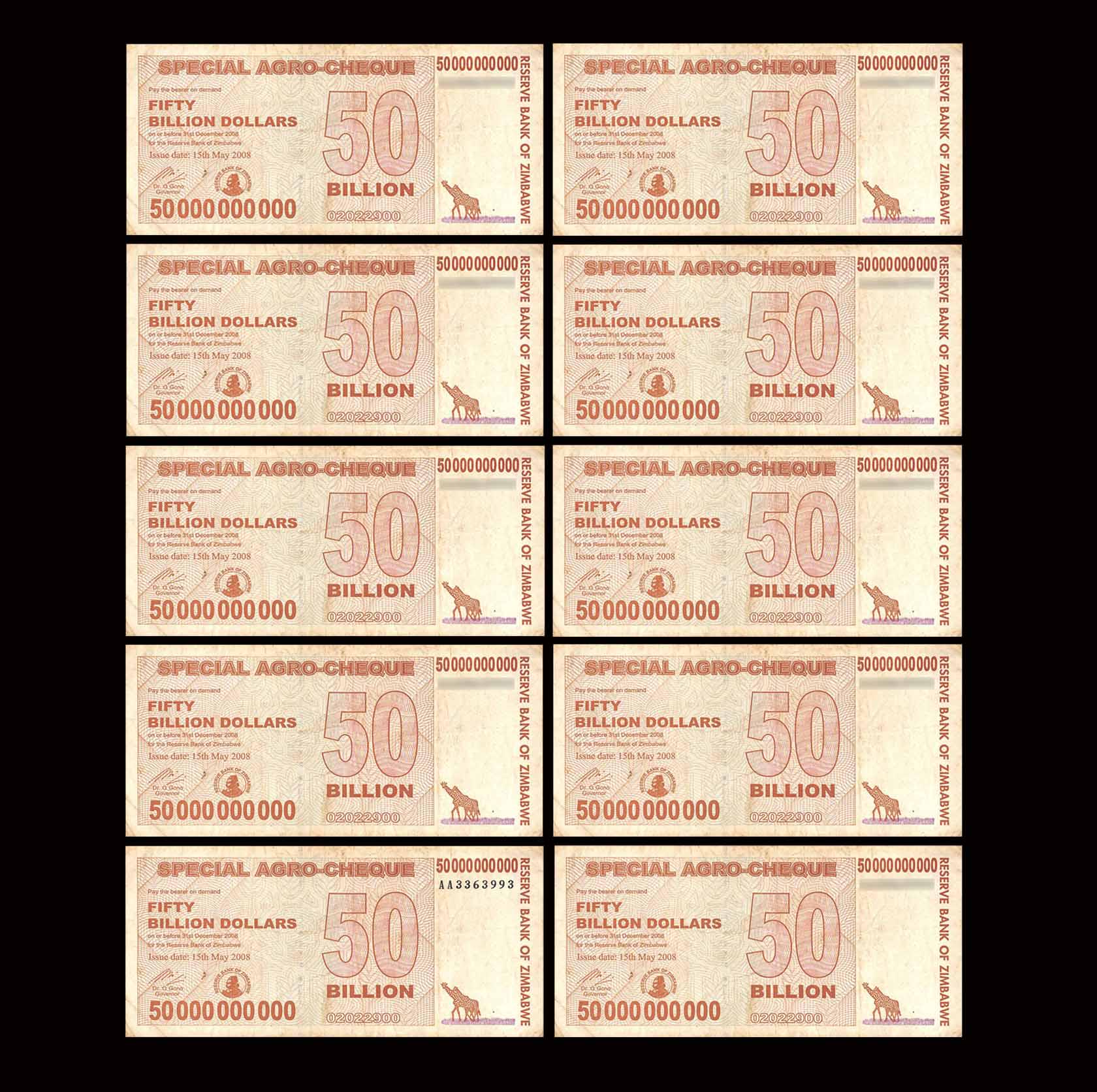 Zimbabwe 100 Billion Dollars Special Agro Cheque, 2008, P-64, UNC - Trillion