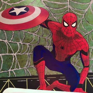 May include: A red and blue superhero, Spiderman, is painted on a green background with a white spider web. He is holding a red, white, and blue shield in his left hand.
