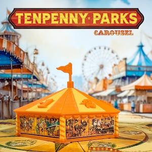 Puede incluir: Modelo de carrusel naranja y amarillo con el texto "TENPENNY PARKS CAROUSEL". El carrusel presenta ilustraciones detalladas de jinetes. La imagen también incluye un letrero que dice "Featuring Original Art by Vincent Dutrait".