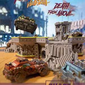 Puede incluir: Imagen promocional del juego de mesa Thunder Road Vendetta, con vehículos en miniatura y un telón de fondo de ciudad. El texto "Death From Above" es visible, junto con el logotipo de Chaos Collection. La escena representa un entorno postapocalíptico.