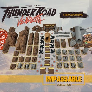 Puede incluir: Set de juego de mesa Thunder Road Vendetta Impassable Collection que incluye formaciones rocosas marrones, piezas de restos grises, un tornado color canela, marcadores de peligro negros y amarillos, fichas triangulares rojas y una caja de juego.