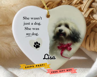 Tibetan Terrier Memorial Ornament, Personalized Heart Porcelain Keepsake