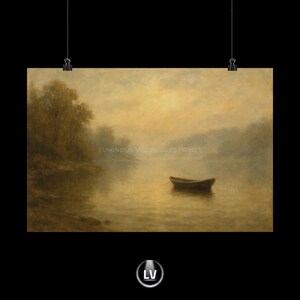 Póster de paisaje sereno, arte mural natural, decoración del hogar tranquila, barco en aguas brumosas, impresión de pared pacífica / APLS n.° 88