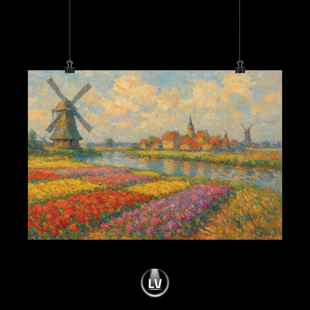 Colorful Landscape Art Print, Floral Home Decor Poster, Dutch Windmill ...