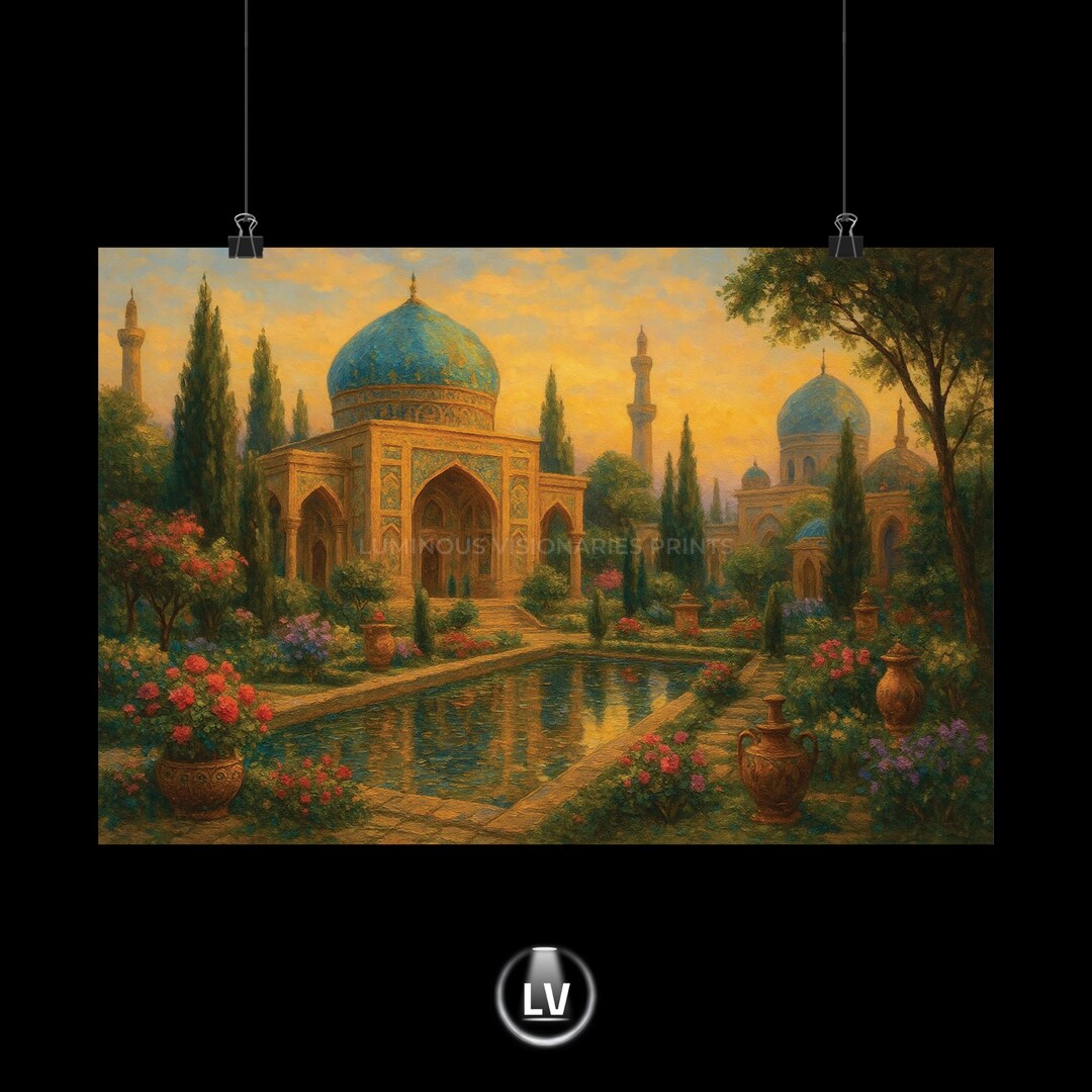 Serene Landscape Poster - Colorful Garden and Islamic Architecture Art ...