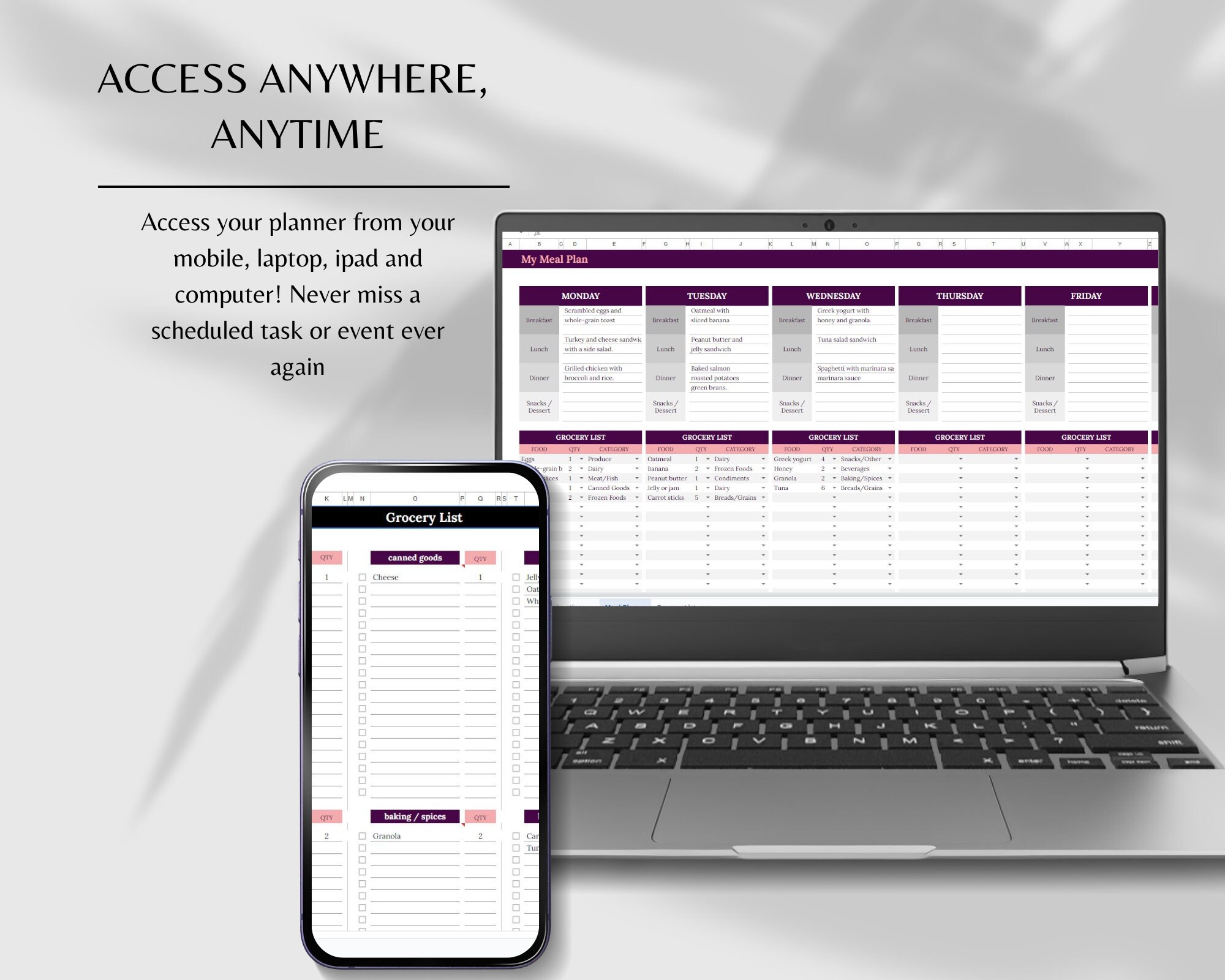 Google Sheets Automated Shopping List Weekly Meal Planner Template and