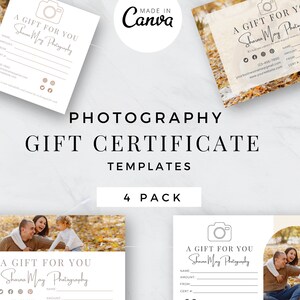 Modèle de certificat-cadeau de photographe | Carte de visite horizontale | Bon de photographie | Carte-cadeau modifiable | Brochure de commercialisation