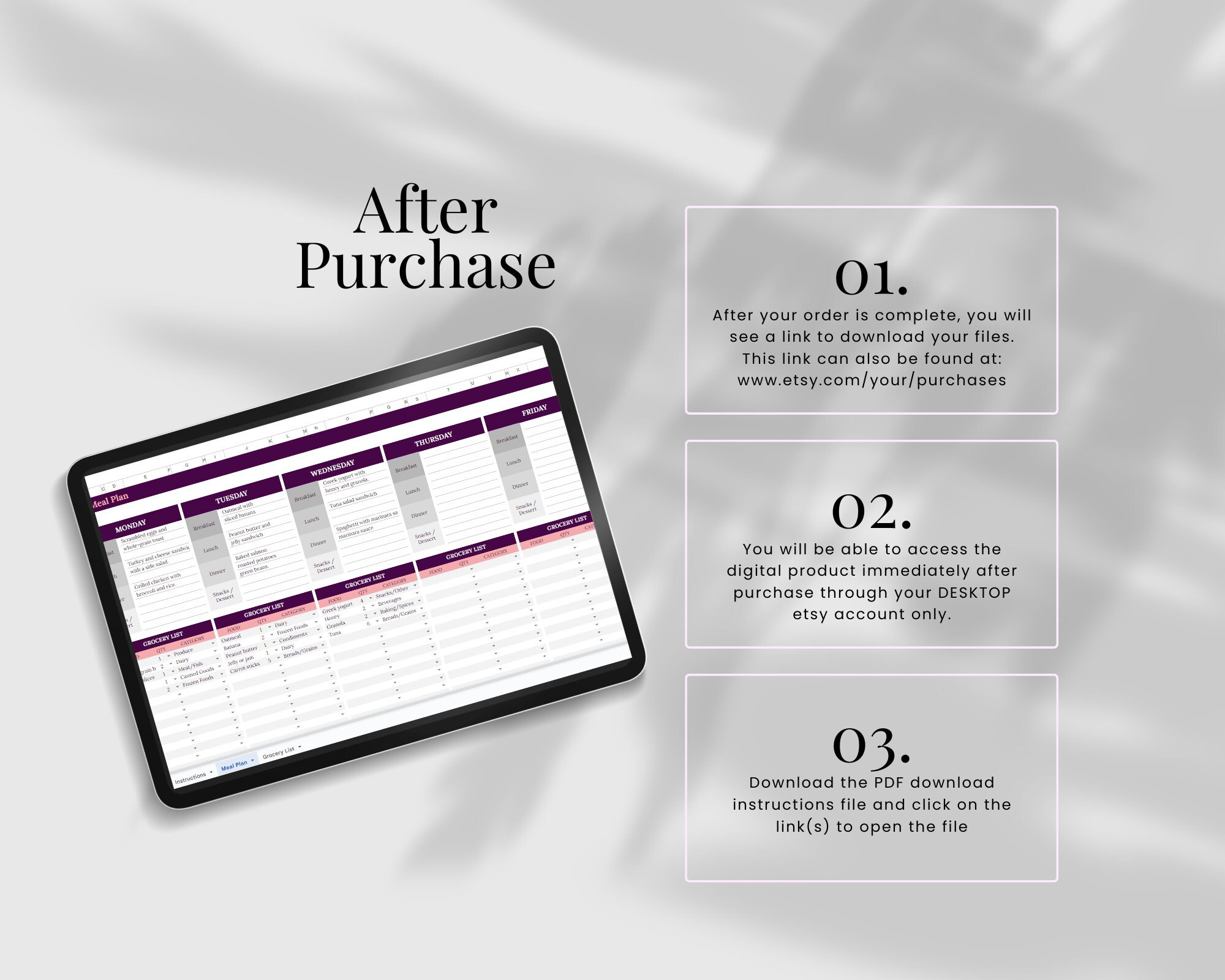 Google Sheets Automated Shopping List Weekly Meal Planner Template and