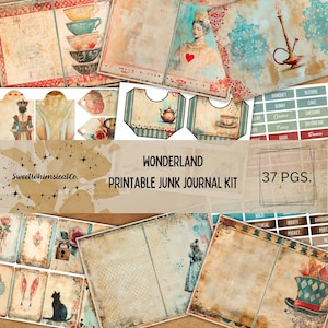 Wunderland druckbare Junk Journal Starter Kit Märchen Seiten Ephemera Pack rote Rosen Königin Herzen Karte digitaler Download Fantasy Scrapbook
