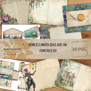 Kit complémentaire pour journal indésirable imprimable inspiré de Mardi Gras, perles de princesse grenouille de la Nouvelle-Orléans, livre de recettes de lanternes magique palette de couleurs violet vert