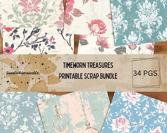 Printable Scrapbook Paper, Shabby Chic Backing Pages, Grunge, Vintage Junk Journal Horizontal Digital Download, Timeworn Treasures Scraps
