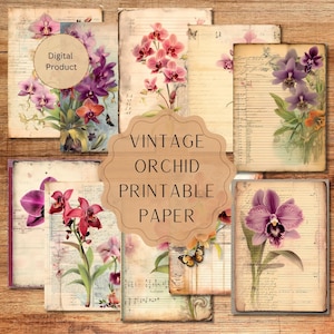 Afdrukbare opvulpagina's voor ongewenste tijdschriften, bloemenpapier, gelinieerd papier, orchideeën, bloemen, direct downloaden, afdrukbaar, collagevellen, antiek