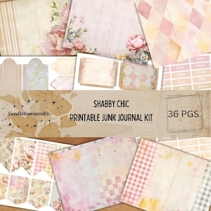 Shabby Chic Printable Junk Journal Starter Kit 36 Pages with Pink Peonies Polka Dot Patterns & Faded Pages Vintage Floral Scrapbooking Set