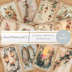Sleeping Beauty Printable Junk Journal Starter Kit Fairytale Pages Ephemera Pack Pink Roses Princess Card Digital Download Fantasy Scrapbook