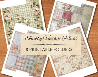 Shabby Vintage Plaid File Folder Kit, Printable Junk Journal (Digital Download)