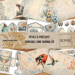 Puede incluir: Kit de diario de chatarra imprimible con 32 páginas con ilustraciones florales, de mariposas, mariquitas, colibríes y hadas. El kit incluye varios elementos de papel de diferentes formas y tamaños, incluyendo sobres, etiquetas y círculos. El título del kit es "Petals & Pixie Dust Printable Junk Journal Kit".
