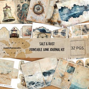 Printable Junk Journal Starter Kit, Marine Grunge Watercolor Ephemera Pages, Nautical Shipwreck Ocean Theme, Instant Download