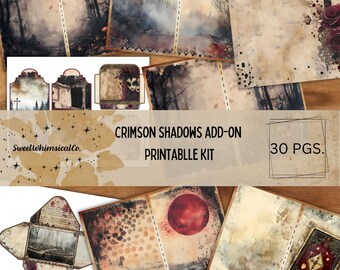 May include: A printable kit with 30 pages of digital paper featuring a spooky, gothic theme. The paper includes images of a red moon, a spooky forest, a haunted house, and a cross. The kit is titled "Crimson Shadows Add-On Printable Kit".