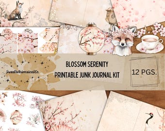 Printable Junk Journal Starter Kit Ephemera, Pink Cherry Blossom Pages, Vintage Spring Journal Cards, Digital Download March Scrapbook