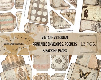 May include: A collection of vintage Victorian printable envelopes, pockets, and backing pages. The designs feature ornate patterns, polka dots, and a silhouette of a couple under an umbrella. The text reads "Vintage Victorian Printable Envelopes, Pockets & Backing Pages 13 PGS."
