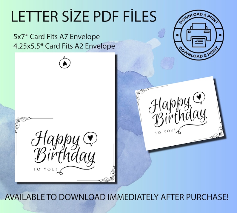 Happy Birthday Printable Card and Envelope / Instant Download PDF ...