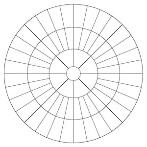 Puede incluir: Un gráfico circular en blanco y negro con círculos concéntricos y líneas radiales. El gráfico está dividido en 48 secciones.