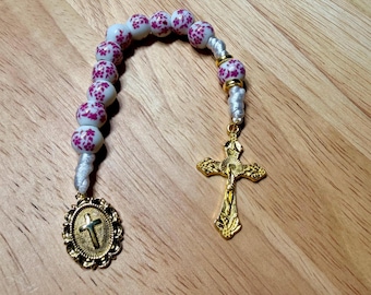 Pink, White and Gold Pocket Rosary: Our Lady of Guadalupe Pendant
