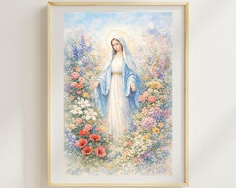 Può includere: Stampa ad acquerello incorniciata di una figura religiosa in una veste bianca e blu, circondata da fiori colorati. L'opera presenta un'aureola ed è ambientata su uno sfondo di cielo azzurro chiaro. La cornice è di colore legno chiaro.