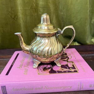 Vintage Solid Brass Teapot with Ornate Feet and Hinged Lid – Mid Century Decorative Serveware – 6.75" Tall Elegant Metal Pot