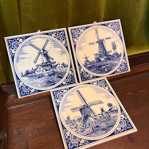 Set of 3 Delft Blue Windmill Tiles | Dutch Holland Hand Painted Ceramic Wall Art | Vintage Delftware Blue & White Decor