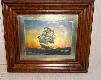 Vintage Nautical Ship Print: Coastal Sailing Art in Wood Frame