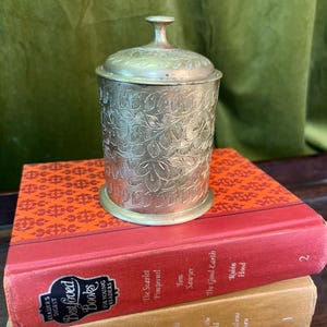 Vintage Brass Lidded Canister | Hand-Etched Floral Design | Made in India Decorative Jar | Mid Century Boho Brass Decor