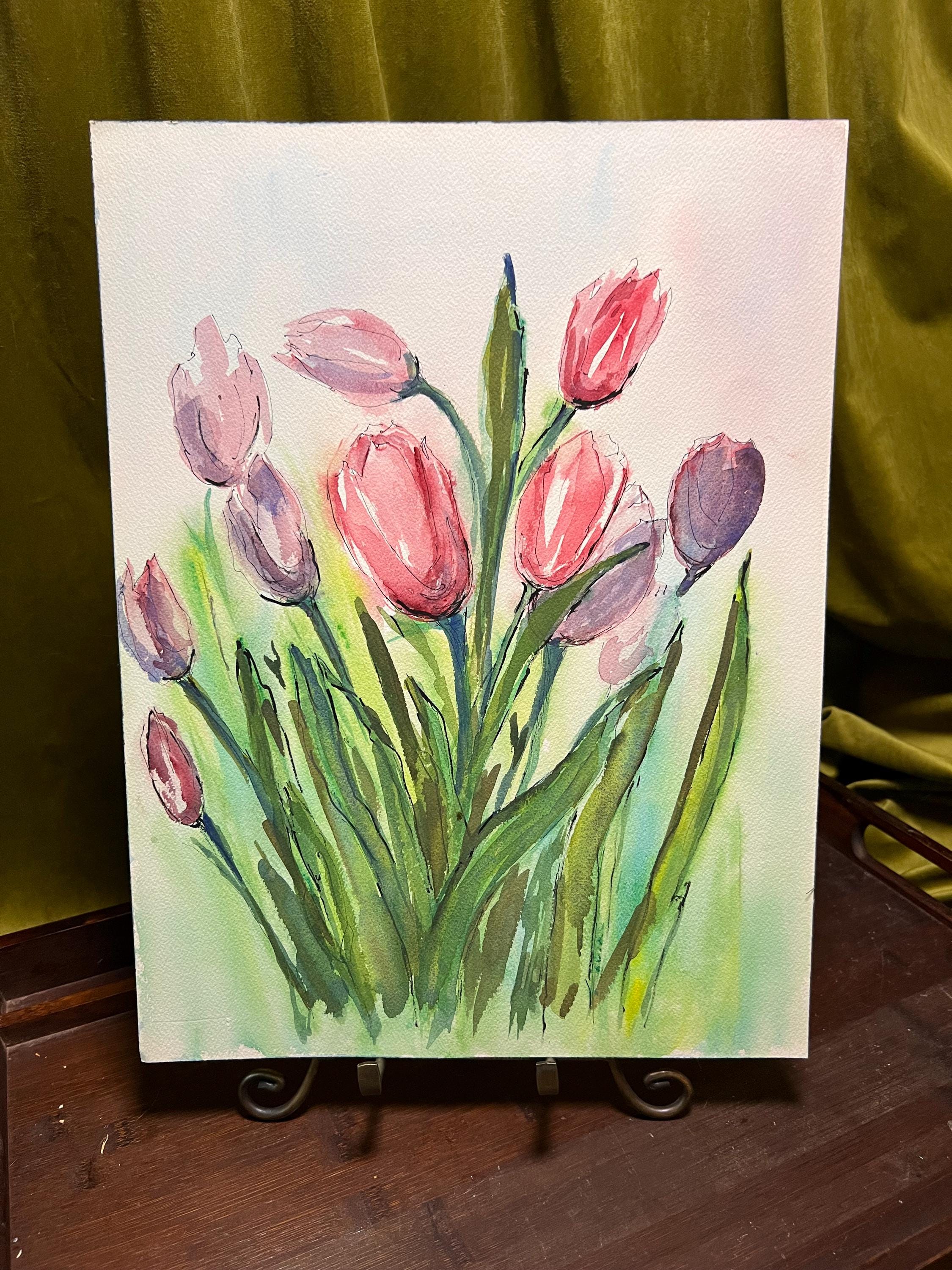 Vintage Tulip Watercolor Painting | Original 1970s Floral Artwork