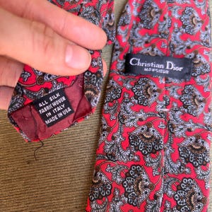 Vintage Christian Dior Silk Tie: Red Floral Damask, Made in USA