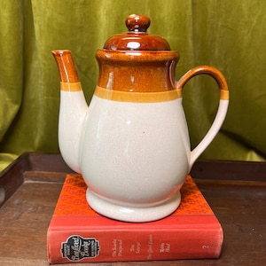 Vintage Two-Tone Stoneware Teapot: 1970s Rustic Cottage Kitchen Decor